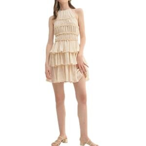 Anthropolgie X Lush Natural Cream Ruffled Halter Mini Dress Size Large NWT!